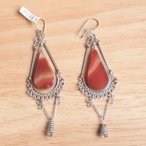 Agate Slice Orange Tear Drop Mid Century Earrings Silver Tone Wire Peru